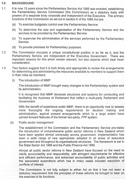Scanned terms of reference for the 1998 Review of the Parliamentary Service Act 1985. 