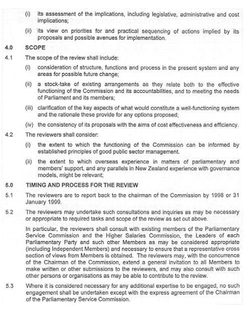 Scanned terms of reference for the 1998 Review of the Parliamentary Service Act 1985. 