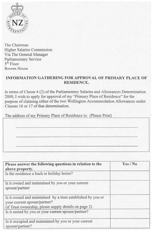 Scanned questionnaire for approval of primary place of residence, page 1. 