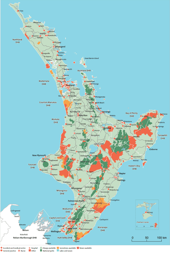 Figure 5: Areas in the North Island where after-hours services were always available, were sometimes available, or were never available within 60 minutes' drive for the population of each district health board.