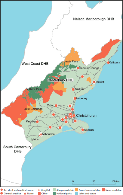 Figure 17: After-hours service coverage for Canterbury District Health Board (in a typical week, and regardless of whether the service was within the DHB's district). 