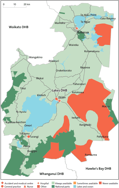 Figure 27: After-hours service coverage for Lakes District Health Board (in a typical week, and regardless of whether the service was within the DHB's district). 