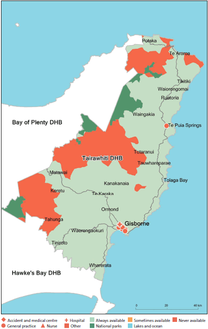 Figure 41: After-hours service coverage for Tairawhiti District Health Board (in a typical week, and regardless of whether the service was within the DHB's district). 