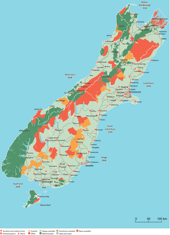 Figure 5: Areas in the South Island where after-hours services were always available, were sometimes available, or were never available within 60 minutes' drive for the population of each district health board.