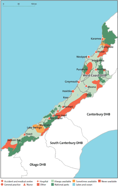 Figure 51: After-hours service coverage for West Coast District Health Board (in a typical week, and regardless of whether the service was within the DHB's district). 