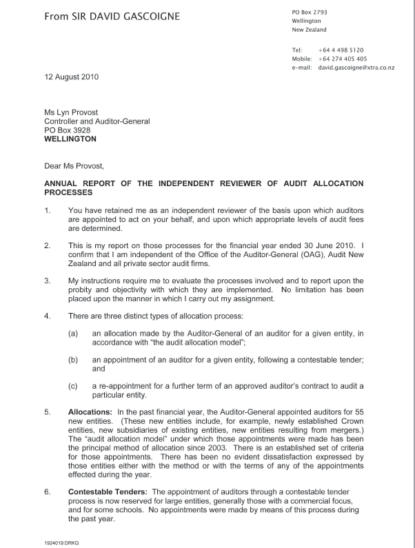 Page one of the report from Sir David Gascoigne, our independent reviewer. 