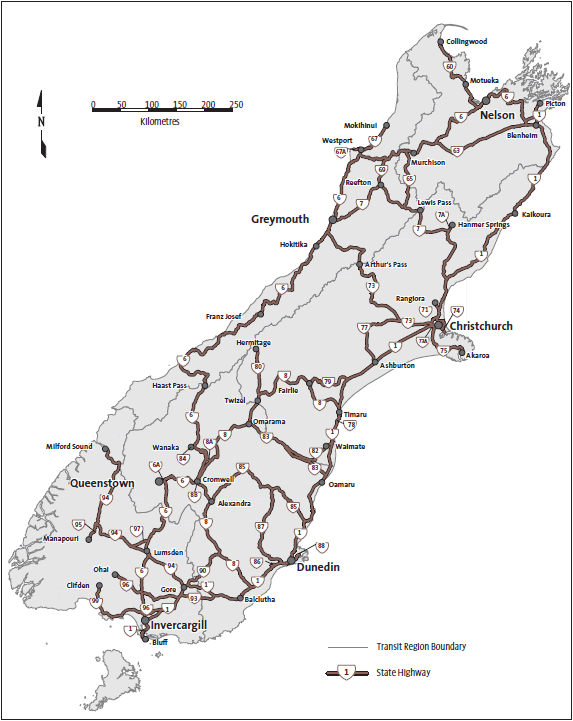Figure 5: Map of the state highway network - South Island. 
