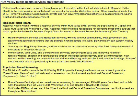 Table detailing Hutt Valley public health services environment. 