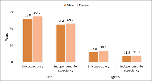 Figure 2: Life expectancy and independent life expectancy at birth and age 65, 2006. 