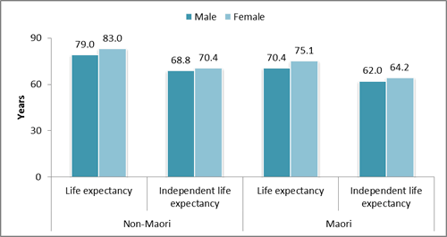 Figure 3: Life expectancy and independent life expectancy at birth by ethnicity, 2006. 