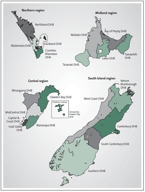 Figure 1: Map of the four health sector regions and their district health boards. 