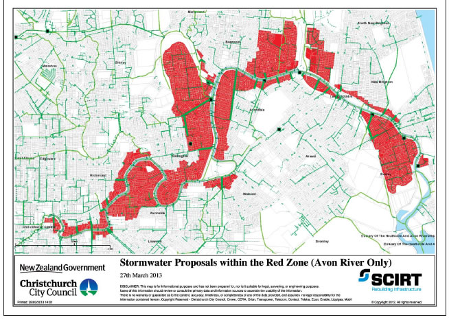 Figure 12 Red zone land around the Avon River with stormwater reinstatement proposals. 