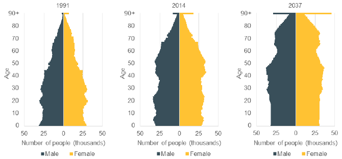 Figure 7 - Age population pyramids (23 years apart). 