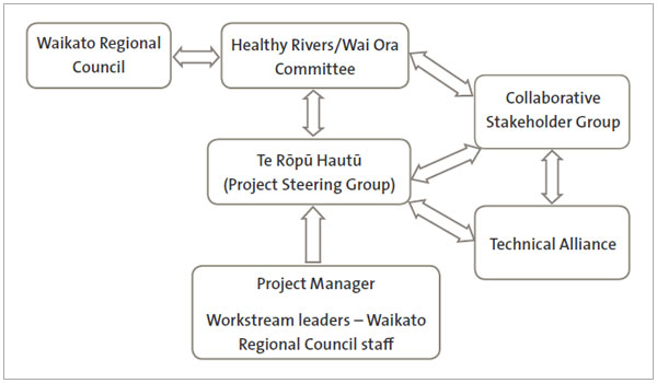 Figure 6 The Healthy Rivers: Plan for Change / Wai Ora: He Rautaki Whakapaipai project structure. 