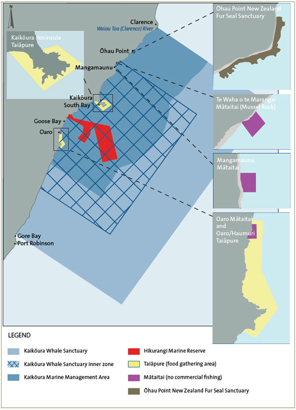 Figure 2 - This figure indicates the extent of the Kaikōura Marine Management Area, showing the Kaikōura Whale Sanctuary, the Hikurangi Marine Reserve, two taiāpure (food-gathering areas), three mātatai (no commercial fishing) reserves, and the Ōhau Point New Zealand Fur Seal Sanctuary. 