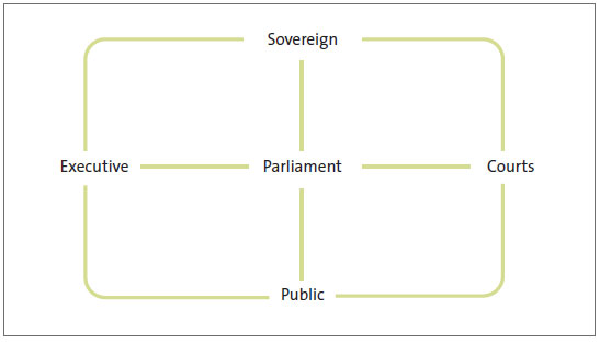 The figure shows that in our constitutional arrangements the public has a direct relationship with the Executive, Parliament, and the courts.