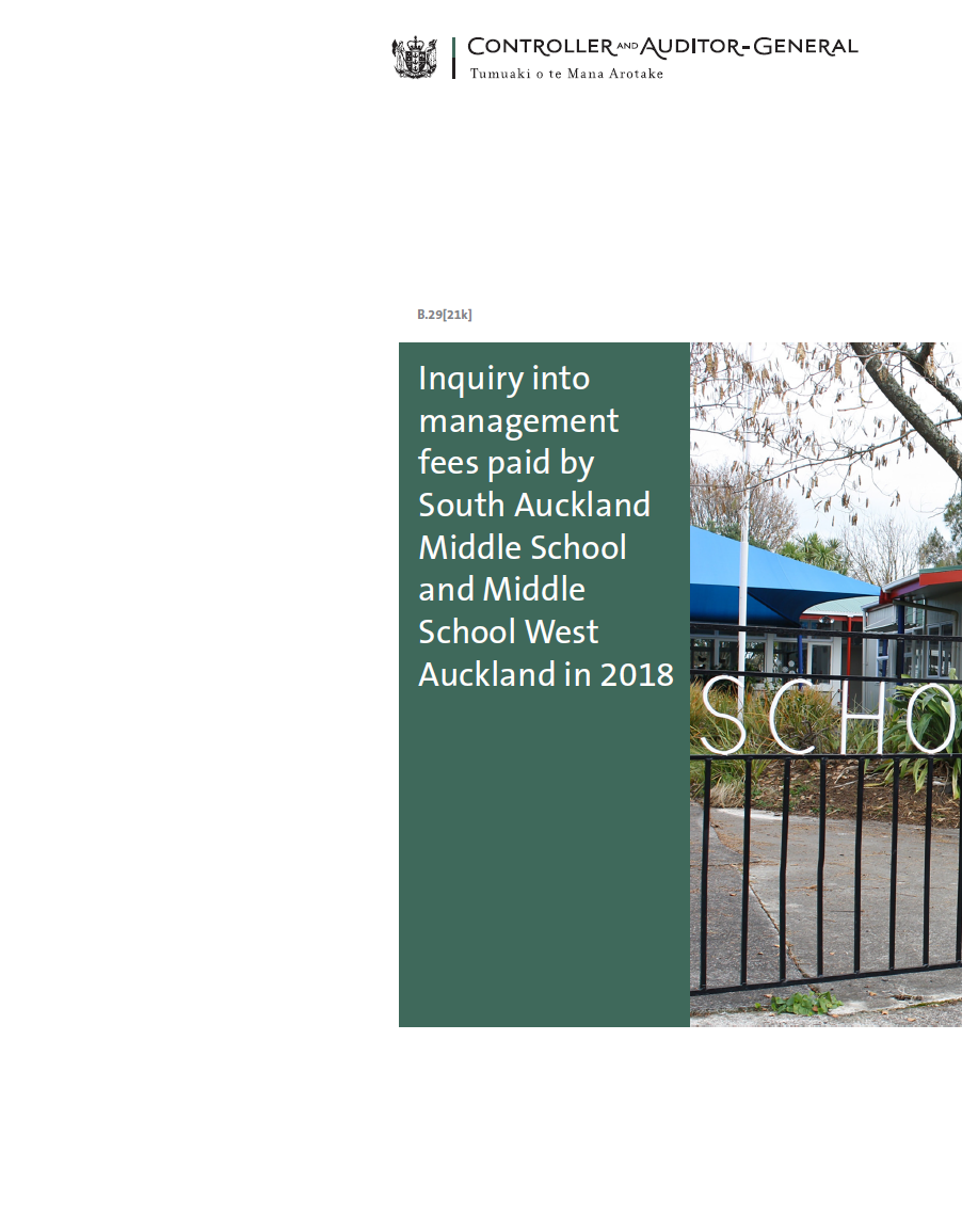 Report cover of Inquiry into management fees paid by South Auckland Middle School and Middle School West Auckland in 2018