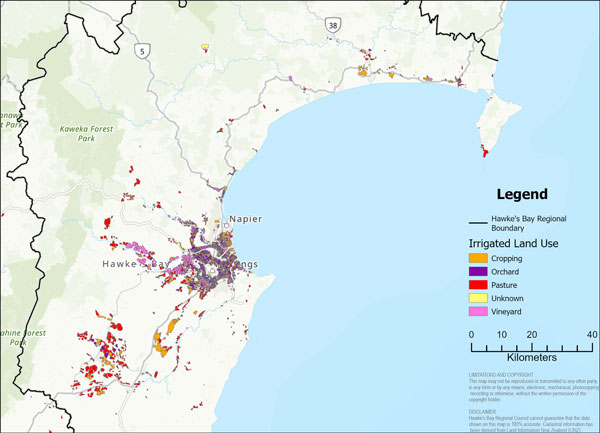 Map showing the distribution of land uses that are irrigated in Hawke’s Bay 2019/20