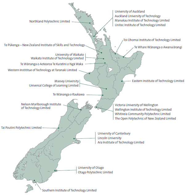 Figure 1: A map of New Zealand showing the location of all the tertiary education institutions.