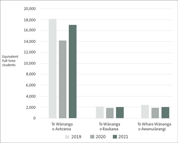 Bar chart showing total equivalent full-time students at wānanga from 2019 to 2021. It shows that all wānanga experienced a small decrease in students from 2019 to 2020, but numbers increased again in 2021