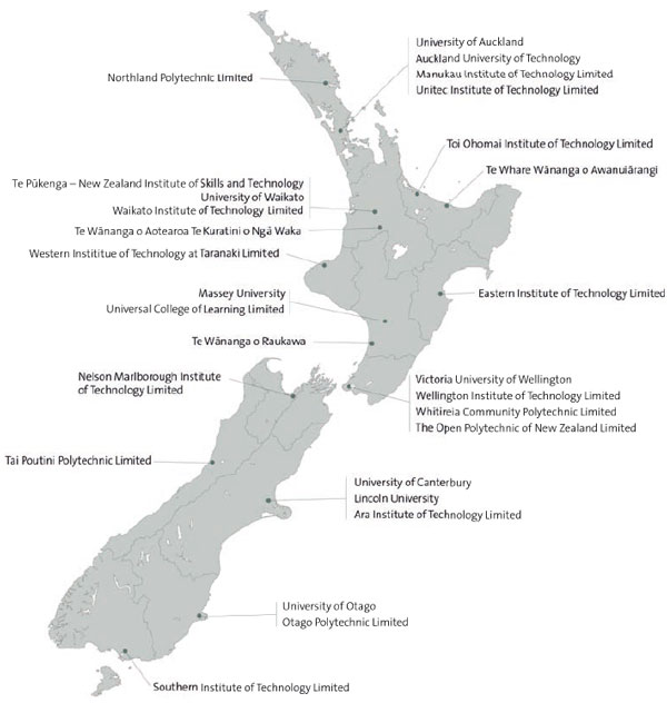 A map of New Zealand showing the location of all the tertiary education institutions as at 31 December 2021.