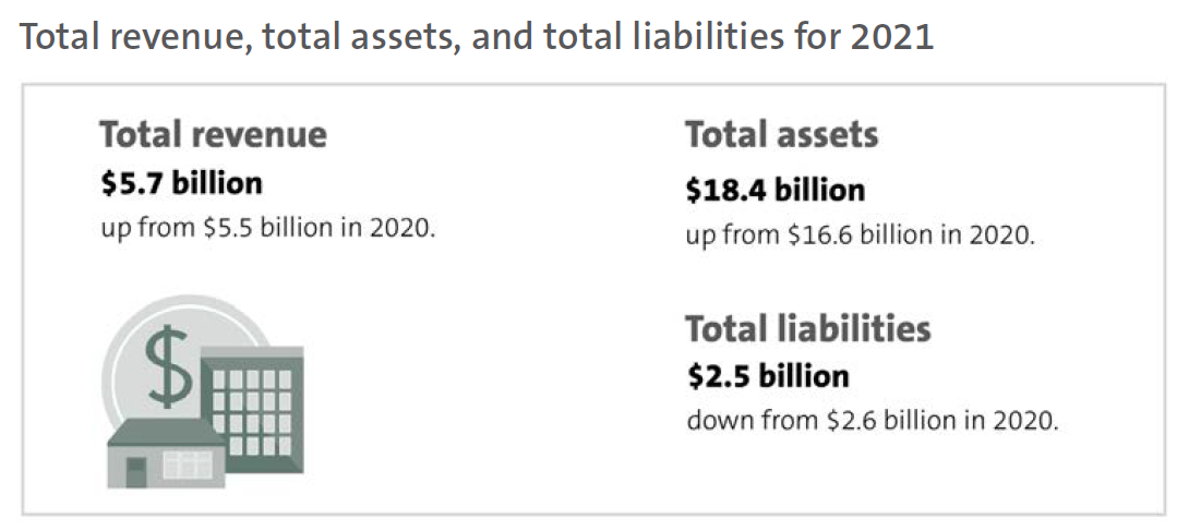 Total revenue, total assets, and total liabilities for 2021