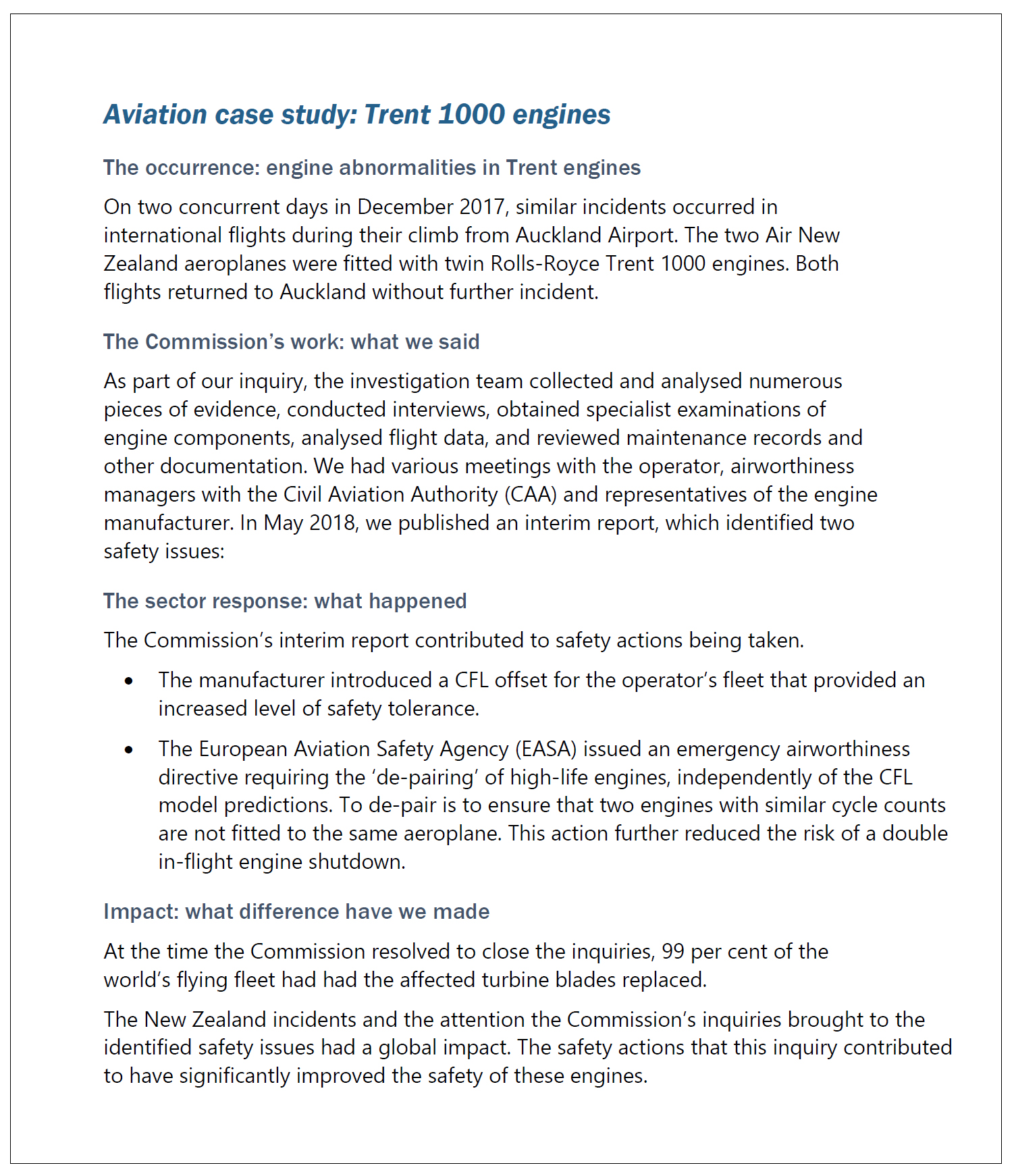 Image from the Transport Accident Investigation Commission’s 2020/21 Annual Report showing a case study that describes an inquiry into engine abnormalities in Trent engines. It described what the Commission did and the difference it made. 