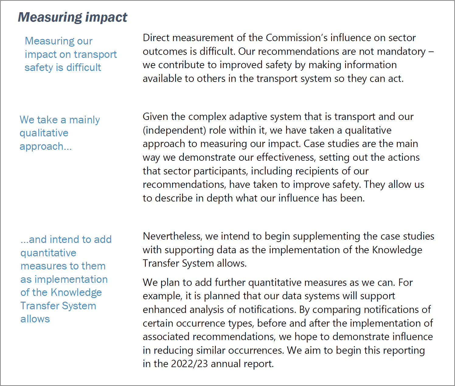 Image from the Transport Accident Investigation Commission 2021-2025 statement of intent that describes how it will improve its performance reporting framework and use of case studies by adding quantitative measures.