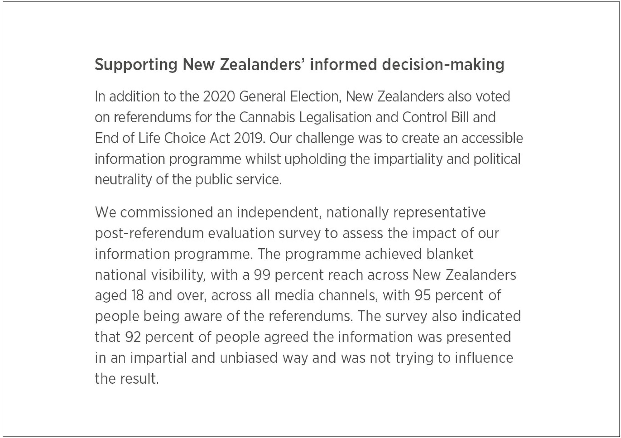 Image from the Ministry’s of Justice’s 2020/21 Annual Report that describes how the Ministry of Justice commissioned an independent survey to assess the impact of its information programme.